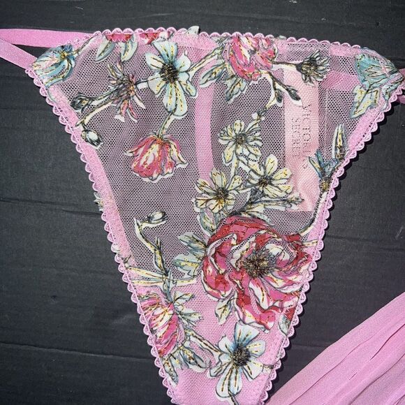 Victoria's Secret 34B BRA SET+garter+thong+S BABYDOLL gown PINK floral appliqué - Picture 7 of 11